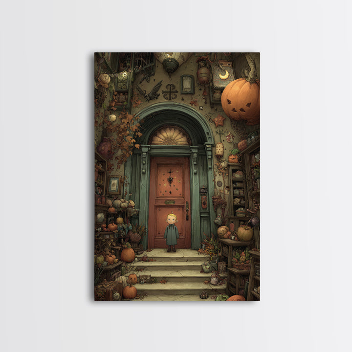 The Thirteenth Door Of Arkham House, Embroidered Halloween Art, Vertical Wall Art, Canvas Print, Cute Halloween Wall Art