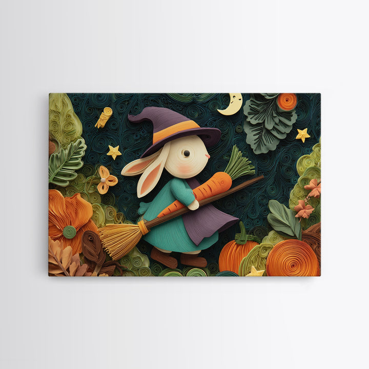 The Bunny Witch, Quilled Halloween Art, Landscape Wall Art, Framed Canvas Print, Cute Halloween Wall Art