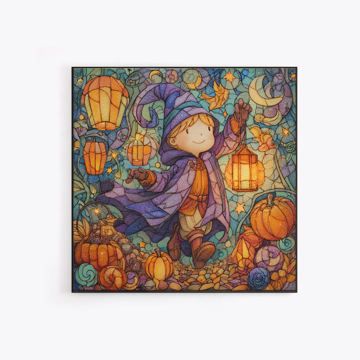 The Lantern-Light Wizard, Stained Glass Halloween, Square Wall Art, Canvas Print, Cute Halloween Wall Art
