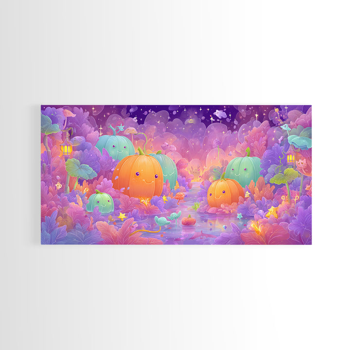 The Pumpkin Fairy Garden, Vaporwave Halloween Art, Wide Panoramic Art, Framed Canvas Print, Cute Halloween Wall Art