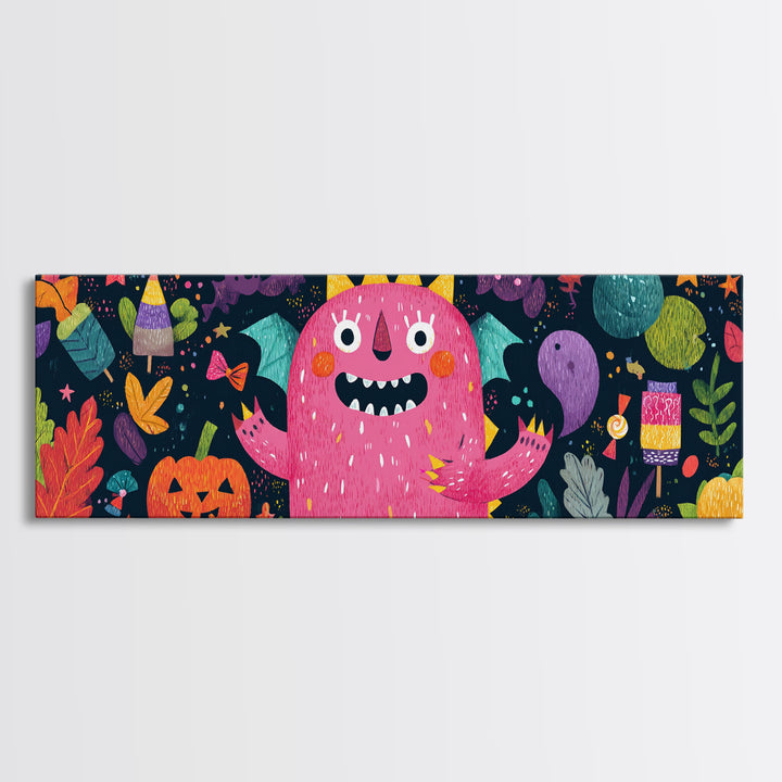 The Polka-Dot Monster, Pixel Halloween Art, Extra Wide Wall Art, Canvas Print, Cute Halloween Wall Art