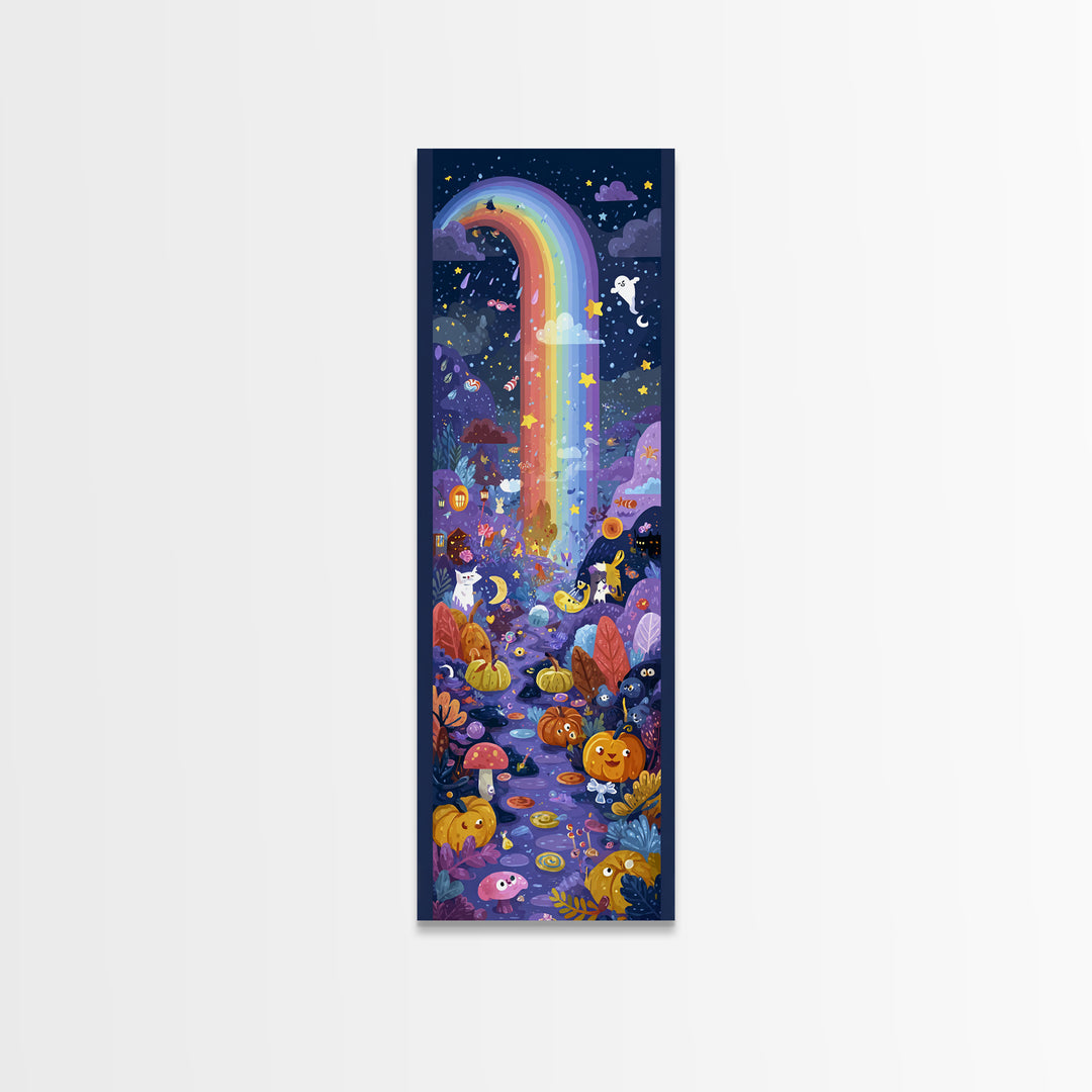 The Rainbow After The Halloween Rain, Vector Halloween Art, Tall Narrow Wall Art, Framed Canvas Print, Cute Halloween Wall Art