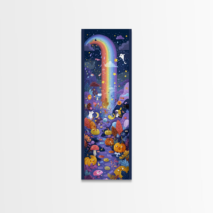 The Rainbow After The Halloween Rain, Vector Halloween Art, Tall Narrow Wall Art, Framed Canvas Print, Cute Halloween Wall Art