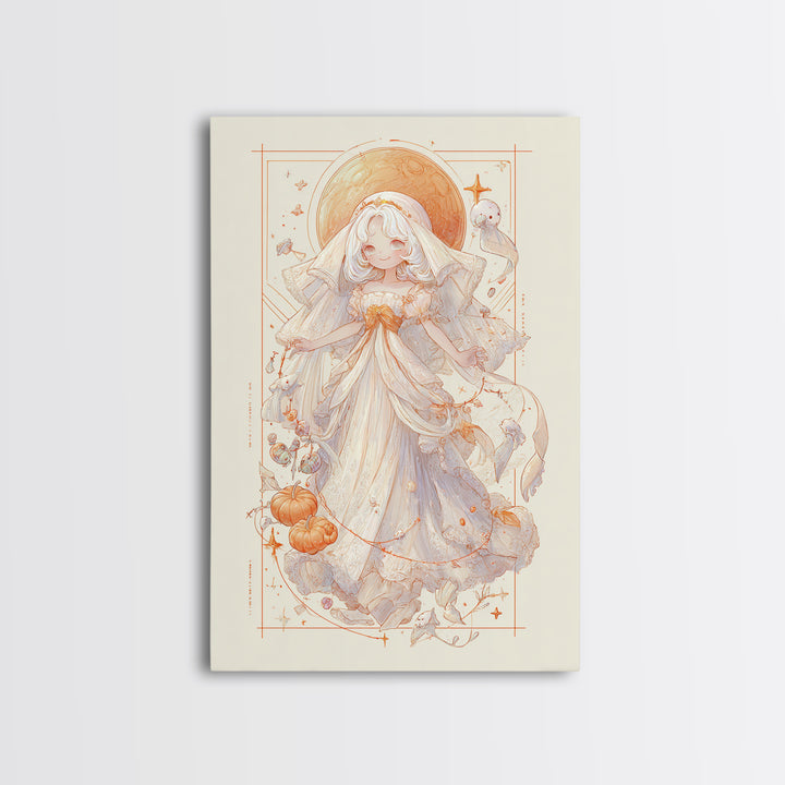 The Bride Of The Abyssal Moon, Hand Sketch Halloween Art, Vertical Wall Art, Canvas Print, Cute Halloween Wall Art