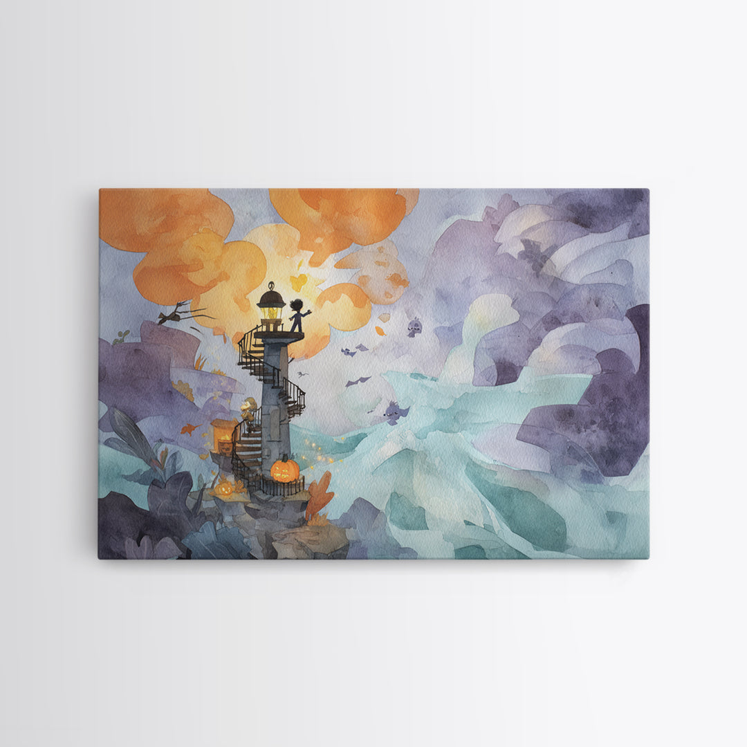 The Last Lighthouse Of Y’Ha-Nthlei, Watercolor Halloween Art, Landscape Wall Art, Framed Canvas Print, Cute Halloween Wall Art