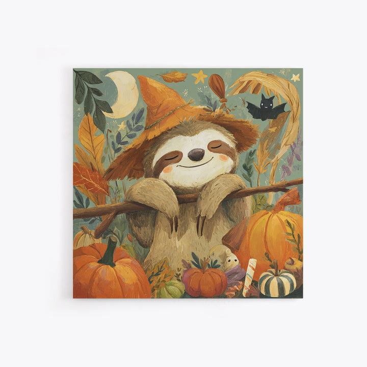 The Scarecrow Sloth, Gouache Halloween Art, Square Wall Art, Canvas Print, Cute Halloween Wall Art, Halloween Kids Decor