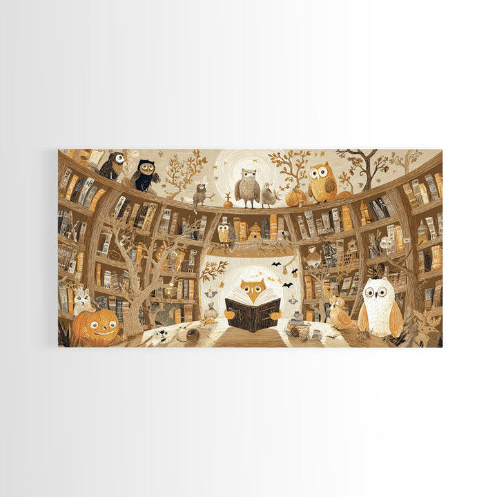 The Moonbeam Library, Crayon Halloween Art, Wide Panoramic Art, Framed Canvas Print, Cute Halloween Wall Art