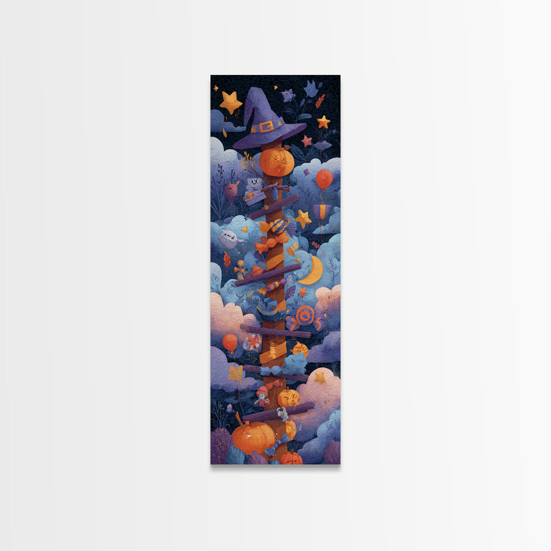 The Broomstick Obstacle Course, Paper Collage Halloween, Tall Narrow Wall Art, Framed Canvas Print, Cute Halloween Wall Art