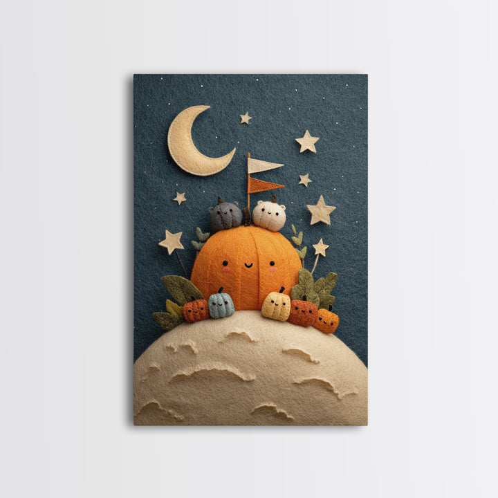 The Pumpkin Moon Expedition, Felt Halloween Art, Vertical Wall Art, Canvas Print, Cute Halloween Wall Art