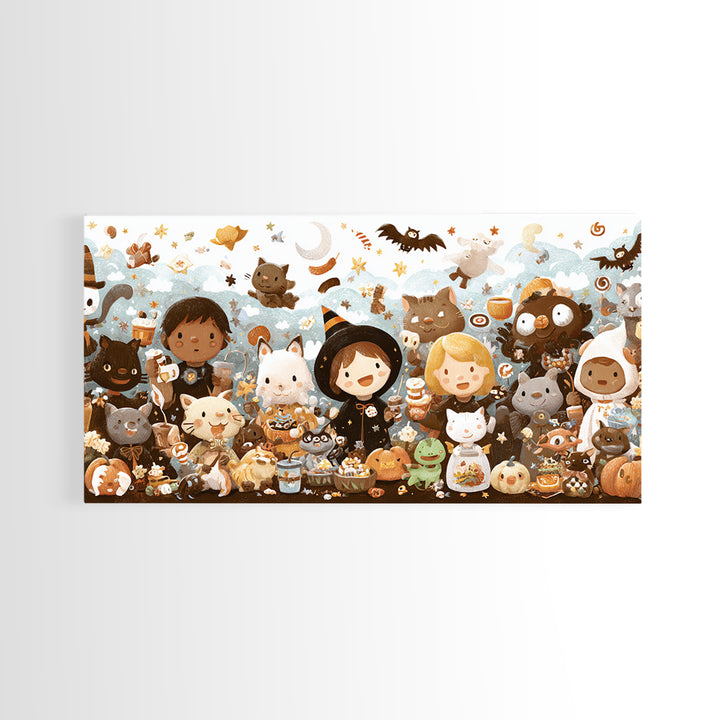 The Friendly Familiar Club, Kawaii Halloween Art, Wide Panoramic Art, Framed Canvas Print, Cute Halloween Wall Art