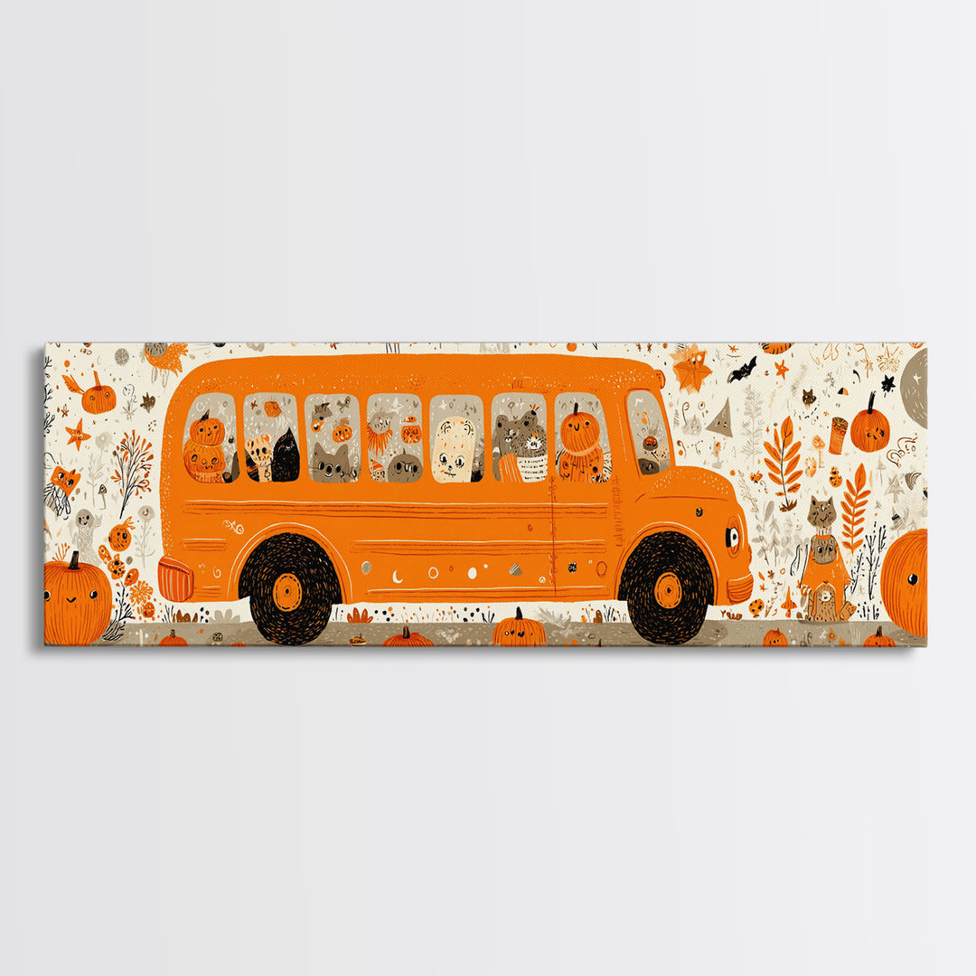 The Pumpkin School Bus, Retro Halloween Art, Extra Wide Wall Art, Canvas Print, Cute Halloween Wall Art