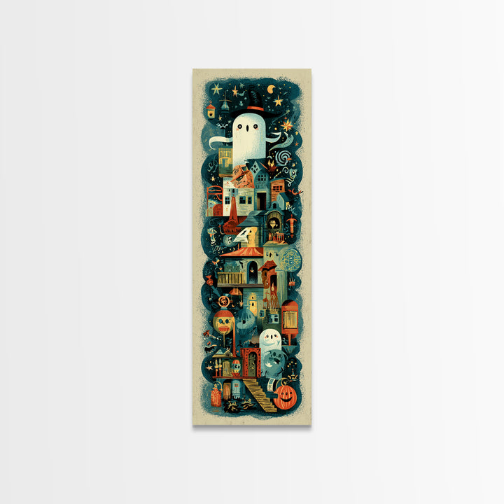 The Ghost Mail Carrier, Screenprint Halloween Art, Tall Narrow Wall Art, Framed Canvas Print, Cute Halloween Wall Art