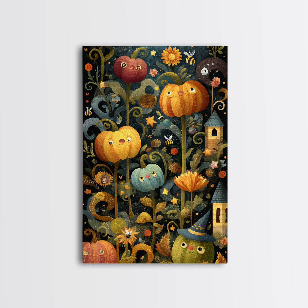 The Pumpkin Flower Garden, Folk Halloween Art, Vertical Wall Art, Canvas Print, Cute Halloween Wall Art