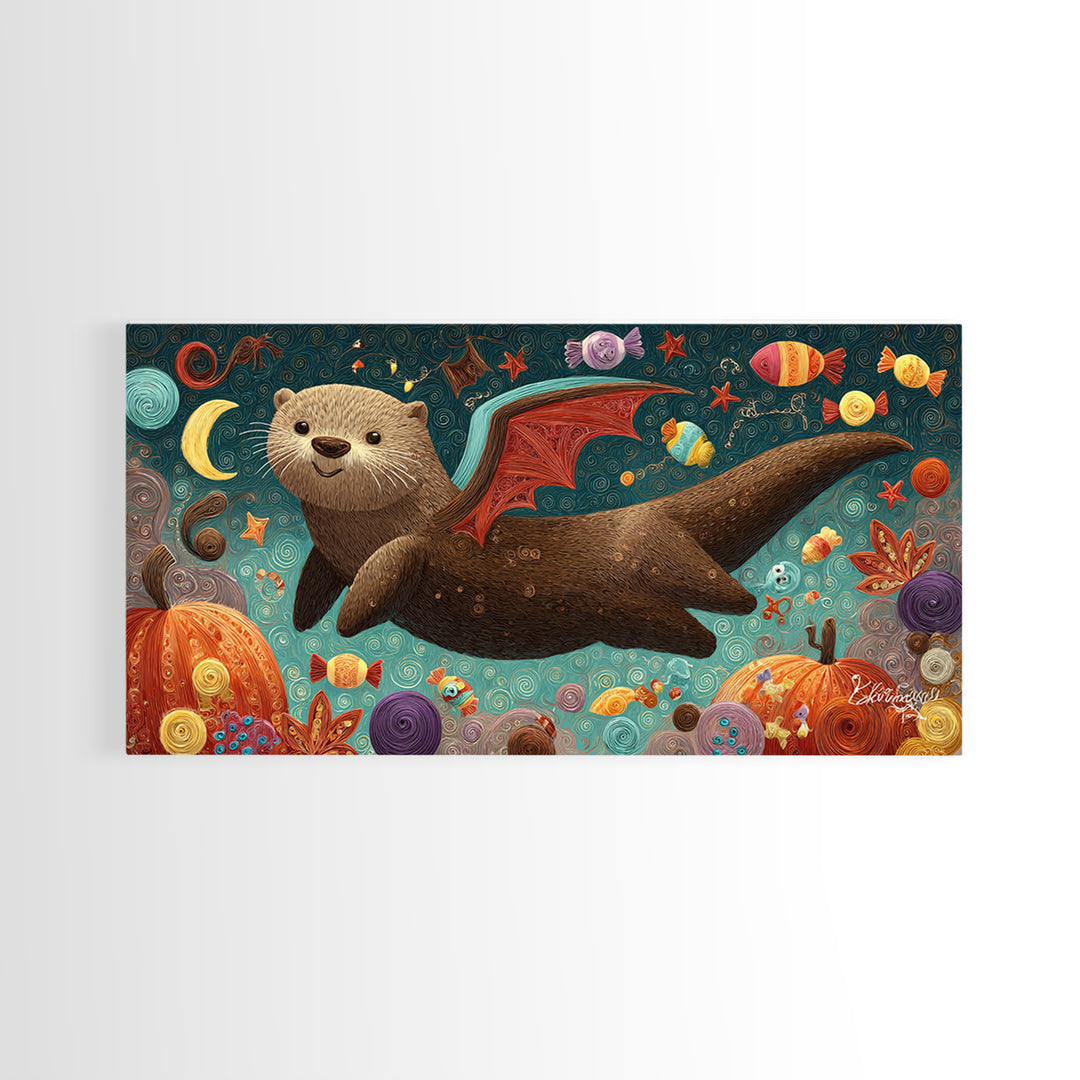 The Bat-Winged Otter, Quilled Halloween Art, Wide Panoramic Art, Framed Canvas Print, Cute Halloween Wall Art