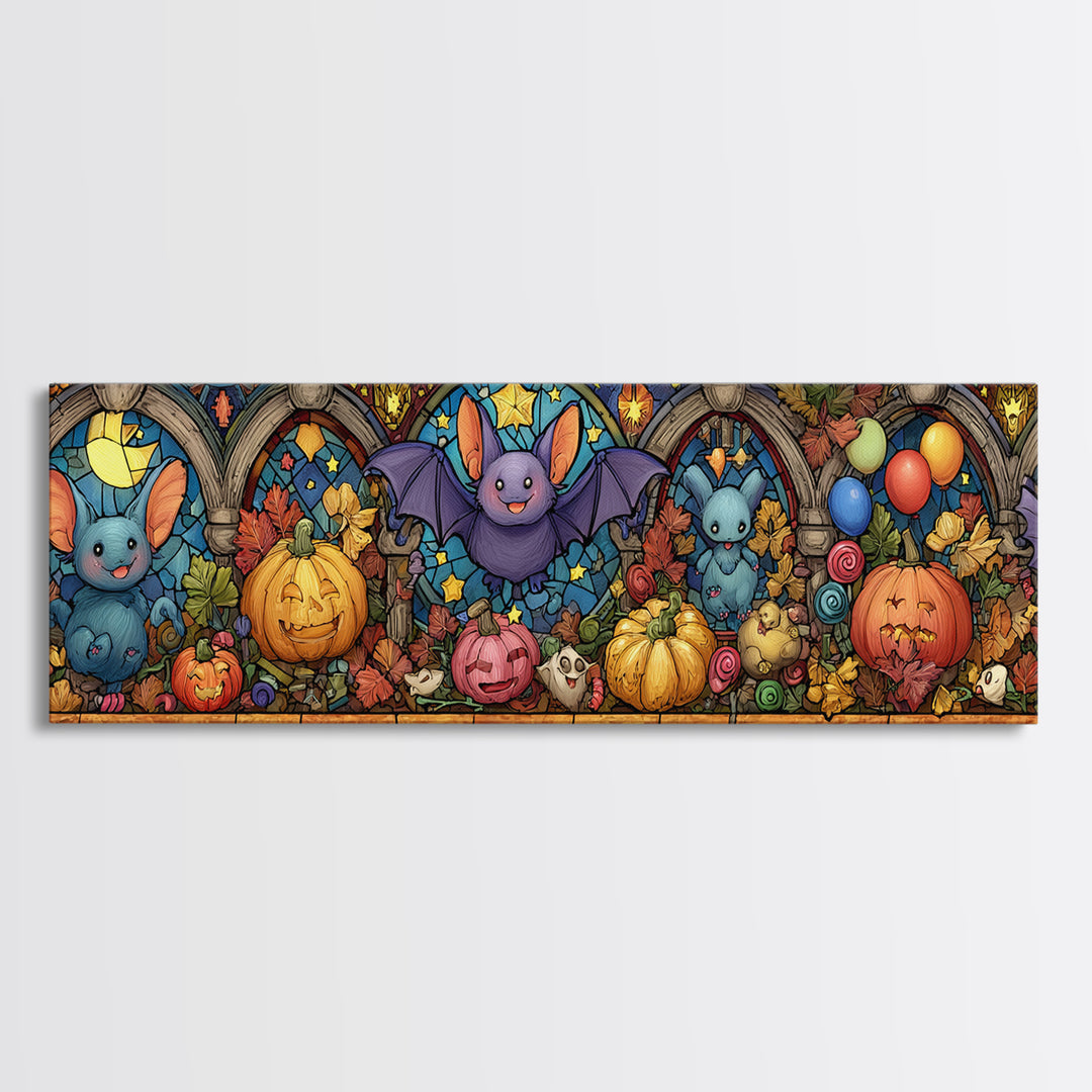 The Bat Balloon Factory, Stained Glass Halloween, Extra Wide Wall Art, Canvas Print, Cute Halloween Wall Art