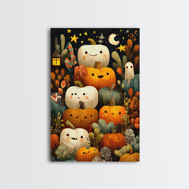 The Pumpkin Painting Party, Pixel Halloween Art, Vertical Wall Art, Canvas Print, Cute Halloween Wall Art