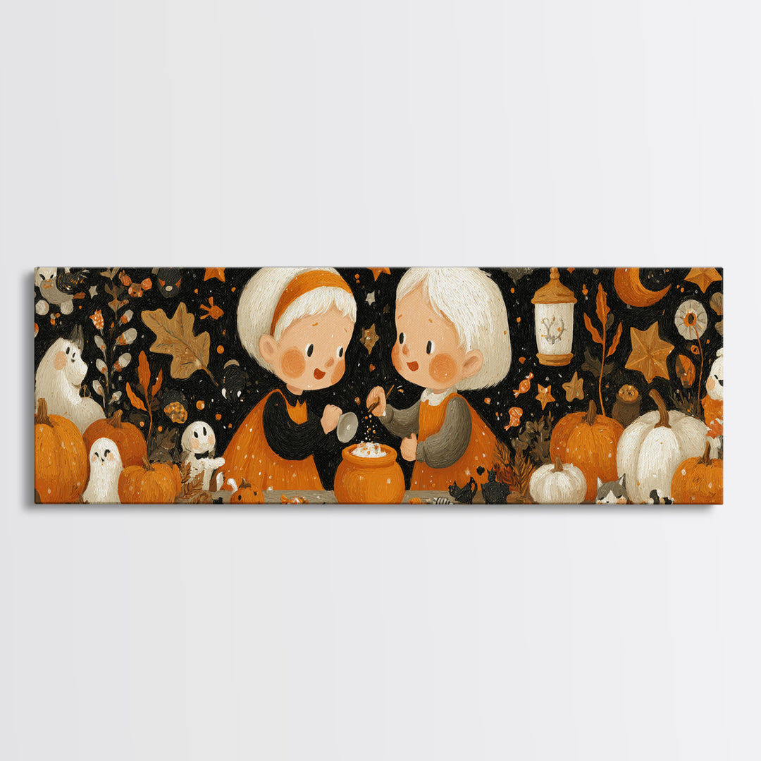 The Pumpkin Potion Twins, Gouache Halloween Art, Extra Wide Wall Art, Canvas Print, Cute Halloween Wall Art