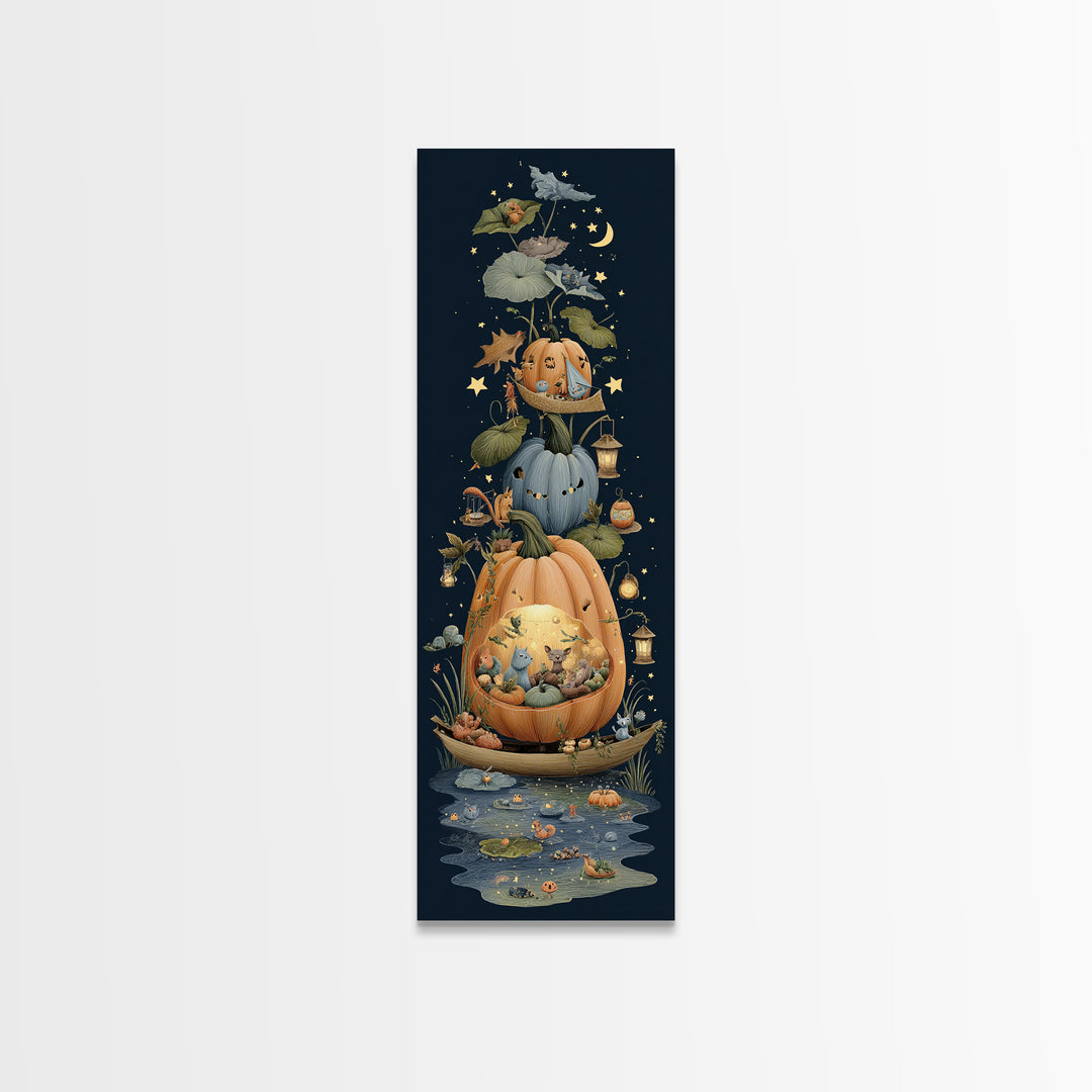 The Pumpkin Sailboat, Crayon Halloween Art, Tall Narrow Wall Art, Framed Canvas Print, Cute Halloween Wall Art