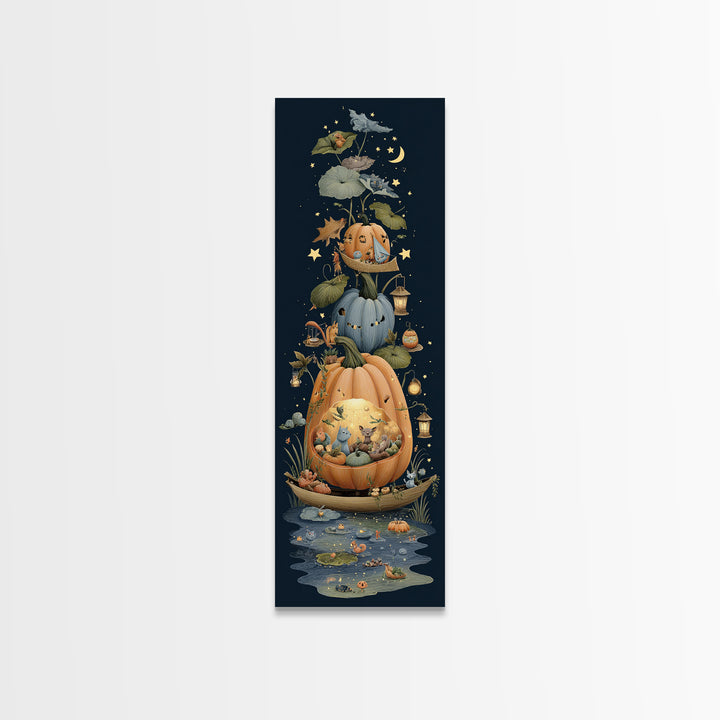 The Pumpkin Sailboat, Crayon Halloween Art, Tall Narrow Wall Art, Framed Canvas Print, Cute Halloween Wall Art