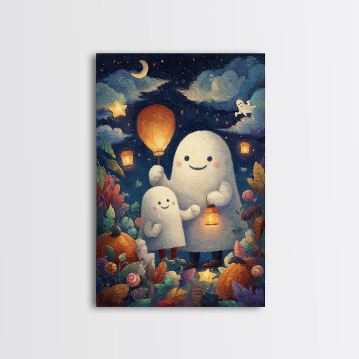 The Ghost Balloon Friend, Pastel Halloween Art, Vertical Wall Art, Canvas Print, Cute Halloween Wall Art