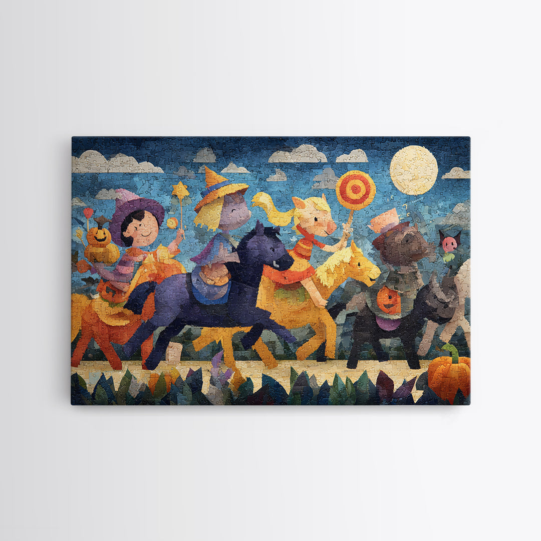 The Halloween Pet Parade, Paper Collage Halloween, Landscape Wall Art, Framed Canvas Print, Cute Halloween Wall Art