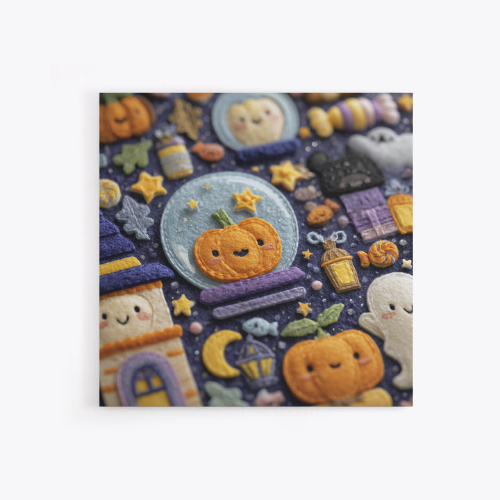The Halloween Bubble Village, Felt Halloween Art, Square Wall Art, Canvas Print, Cute Halloween Wall Art
