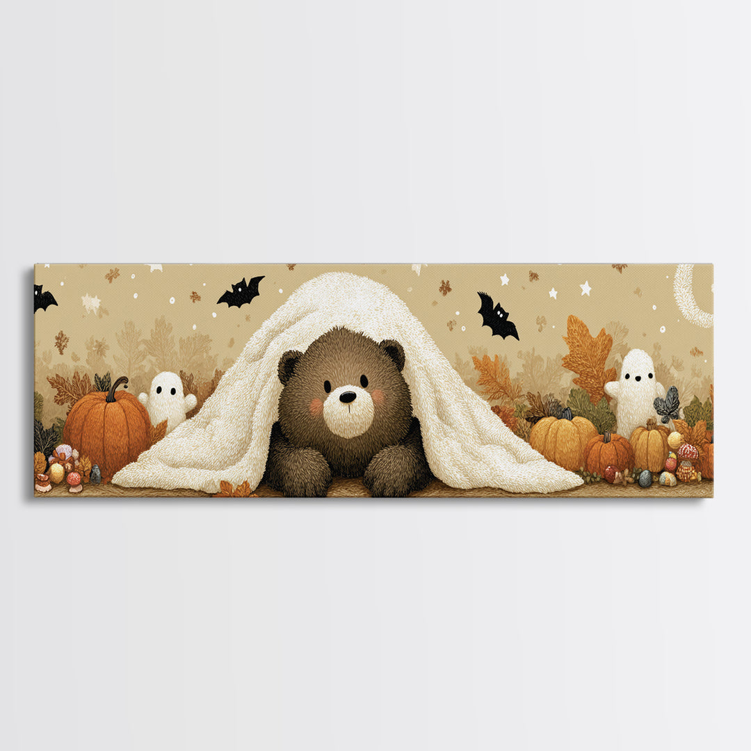 The Bear Cub Ghost, Plush Halloween Art, Extra Wide Wall Art, Canvas Print, Cute Halloween Wall Art, Cozy Autumn Kids Decor