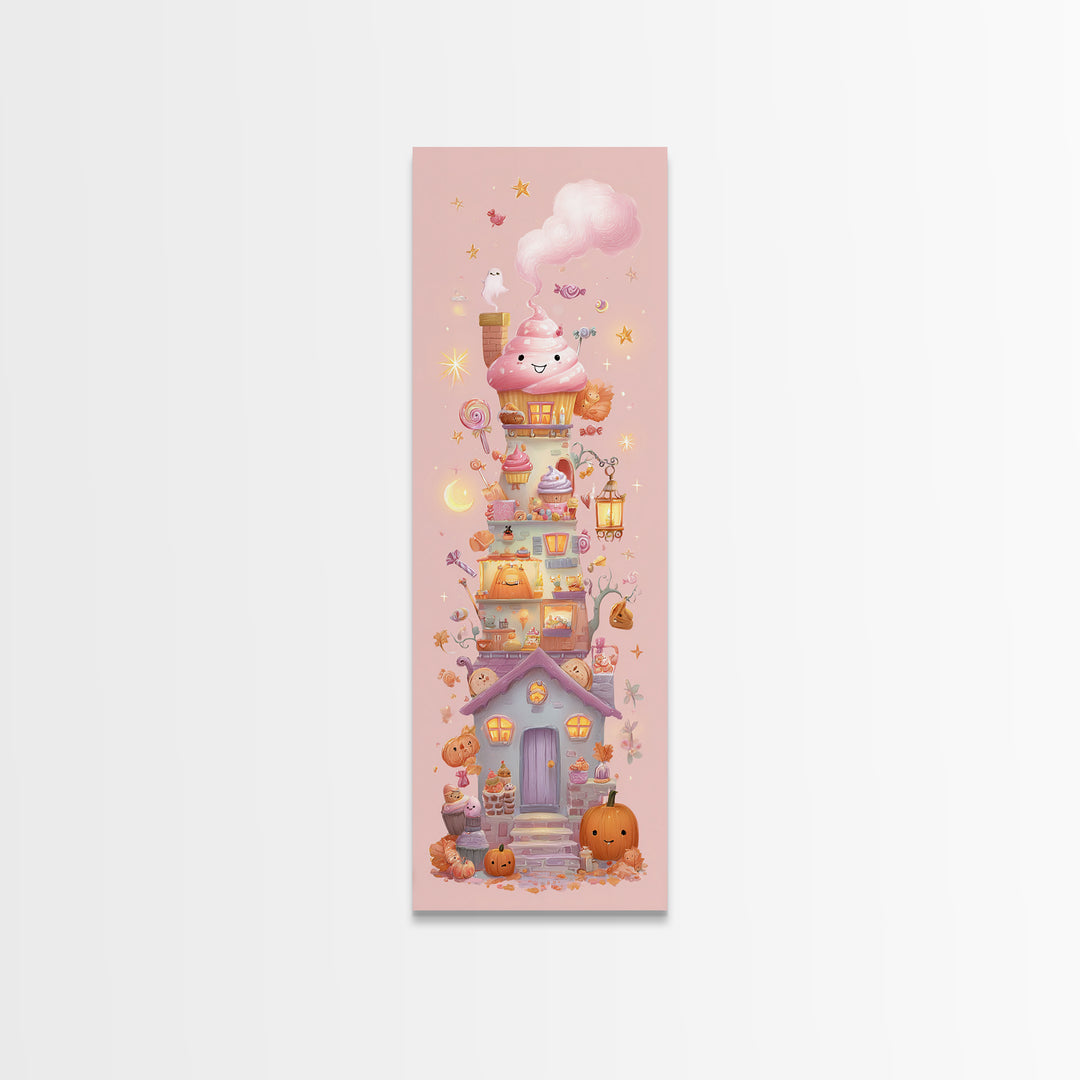 The Witch'S Cupcake Cottage, Kawaii Halloween Art, Tall Narrow Wall Art, Framed Canvas Print, Cute Halloween Wall Art
