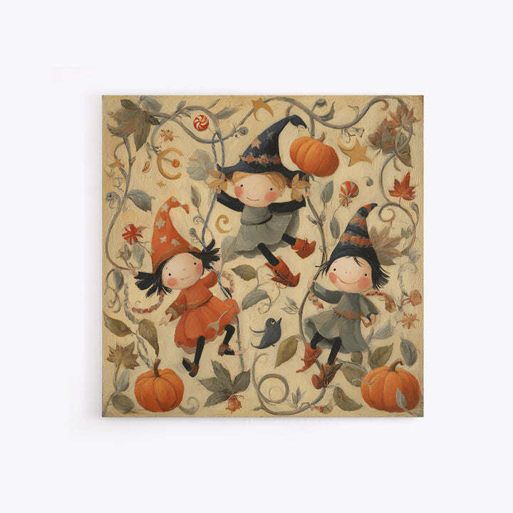 The Pumpkin Vine Swing, Folk Halloween Art, Square Wall Art, Canvas Print, Cute Halloween Wall Art, Halloween Kids Decor