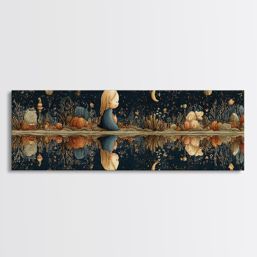 The Mirror Lake Of Lost Constellations, Embroidered Halloween Art, Extra Wide Wall Art, Canvas Print, Cute Halloween Wall Art