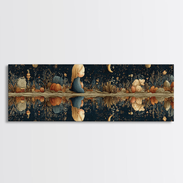 The Mirror Lake Of Lost Constellations, Embroidered Halloween Art, Extra Wide Wall Art, Canvas Print, Cute Halloween Wall Art