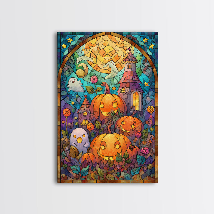 The Starry Pumpkin Farm, Stained Glass Halloween, Vertical Wall Art, Canvas Print, Cute Halloween Wall Art