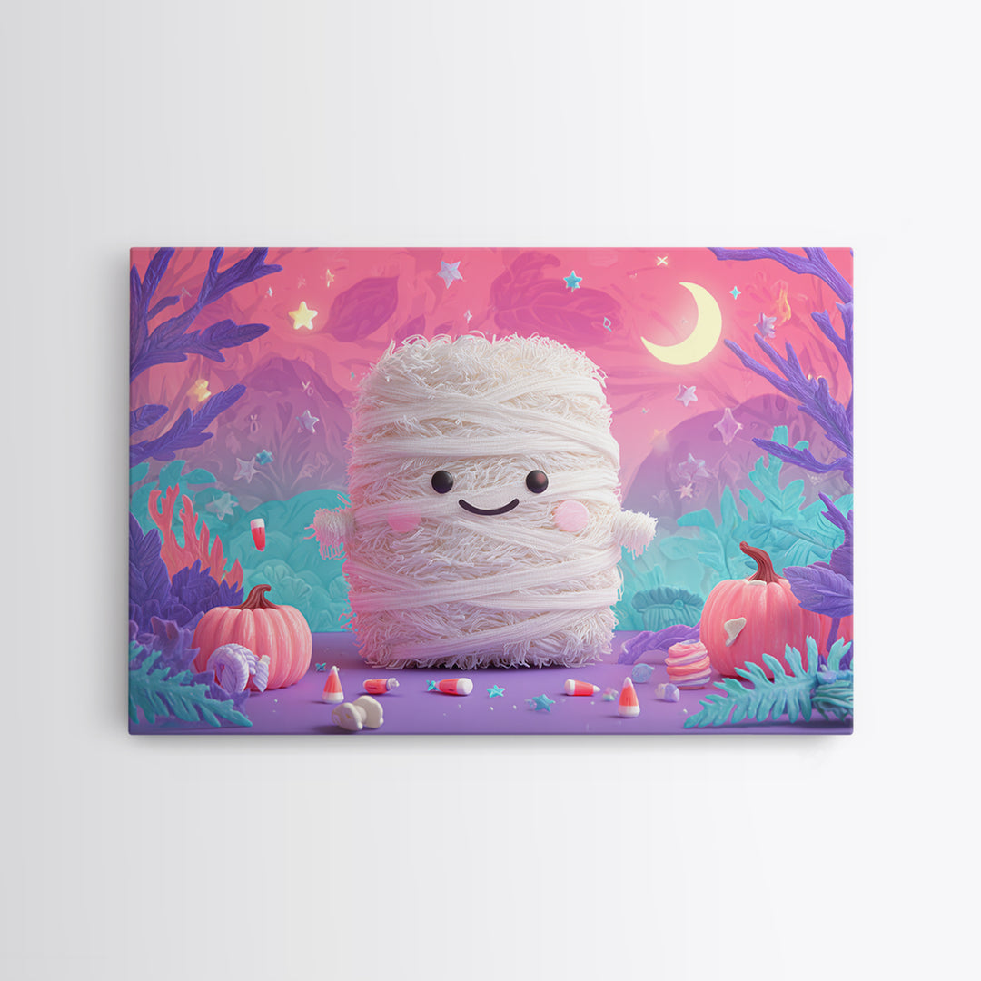 The Popcorn Mummy, Vaporwave Halloween Art, Landscape Wall Art, Framed Canvas Print, Cute Halloween Wall Art