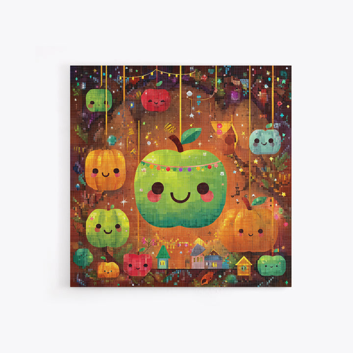 The Candy Apple Dance, Pixel Halloween Art, Square Wall Art, Canvas Print, Cute Halloween Wall Art, Halloween Kids Decor