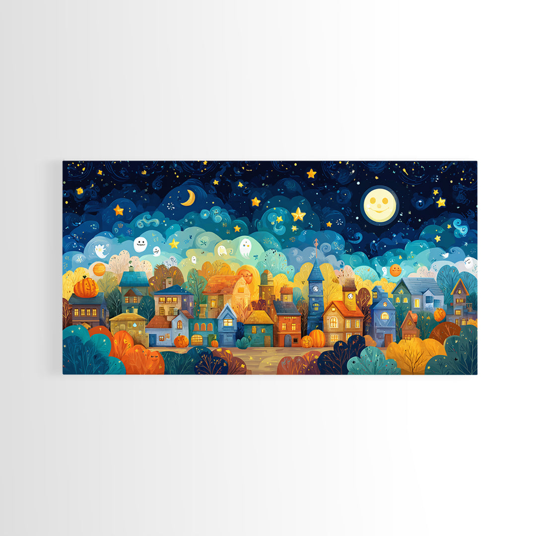 The Rainbow Halloween Night, Vector Halloween Art, Wide Panoramic Art, Framed Canvas Print, Cute Halloween Wall Art