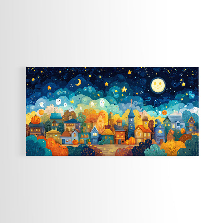 The Rainbow Halloween Night, Vector Halloween Art, Wide Panoramic Art, Framed Canvas Print, Cute Halloween Wall Art