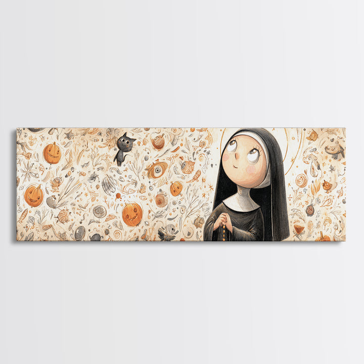 The Nun Of The Endless Constellation, Hand Sketch Halloween Art, Extra Wide Wall Art, Canvas Print, Cute Halloween Wall Art, Storybook Decor