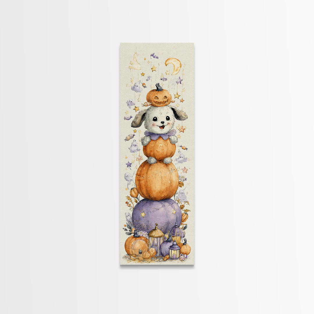 The Pumpkin Puppy, Watercolor Halloween Art, Tall Narrow Wall Art, Framed Canvas Print, Cute Halloween Wall Art