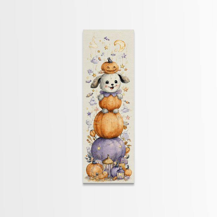 The Pumpkin Puppy, Watercolor Halloween Art, Tall Narrow Wall Art, Framed Canvas Print, Cute Halloween Wall Art