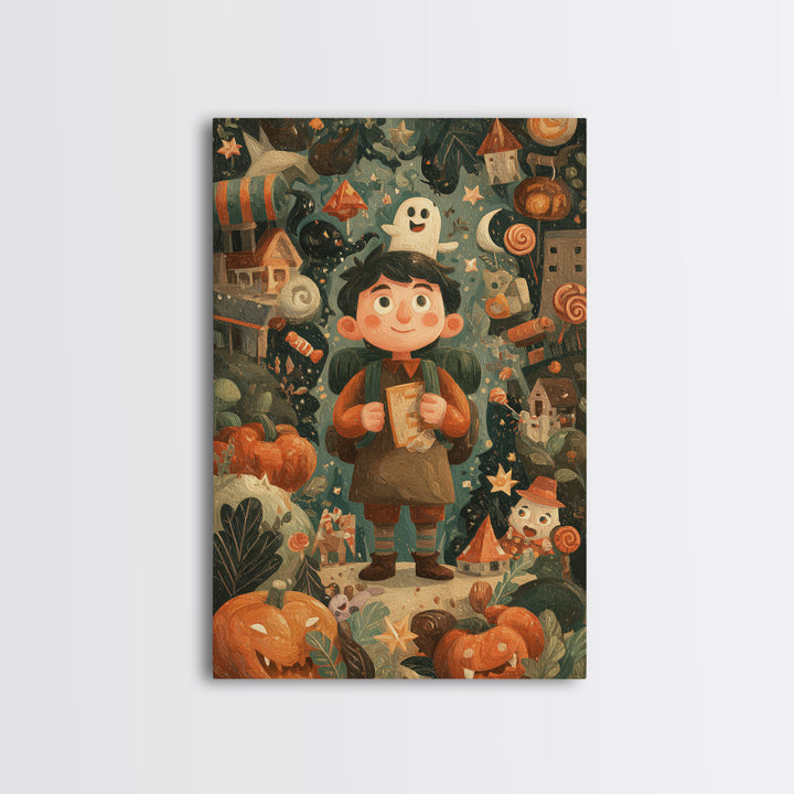 The Candy Map Adventurers, Gouache Halloween Art, Vertical Wall Art, Canvas Print, Cute Halloween Wall Art