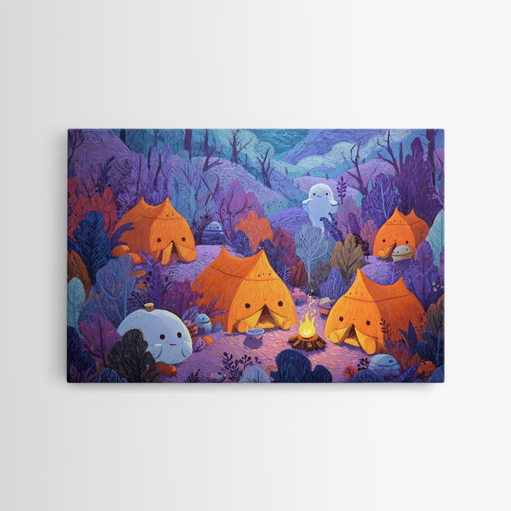 The Pumpkin Campout, Crayon Halloween Art, Landscape Wall Art, Framed Canvas Print, Cute Halloween Wall Art