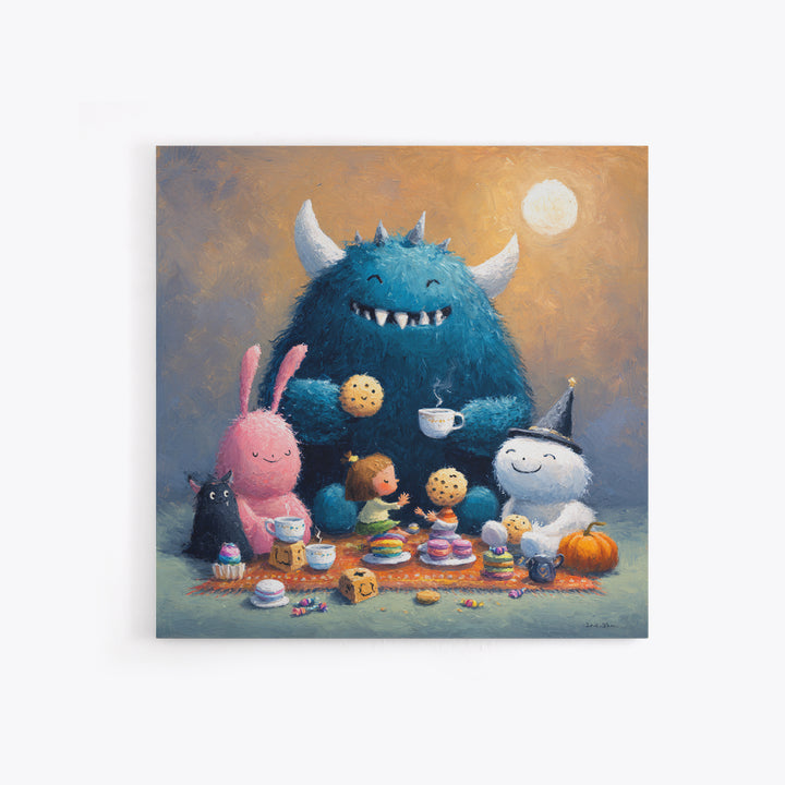The Monster Under The Bed Tea Party, Pastel Halloween Art, Square Wall Art, Canvas Print, Cute Halloween Wall Art