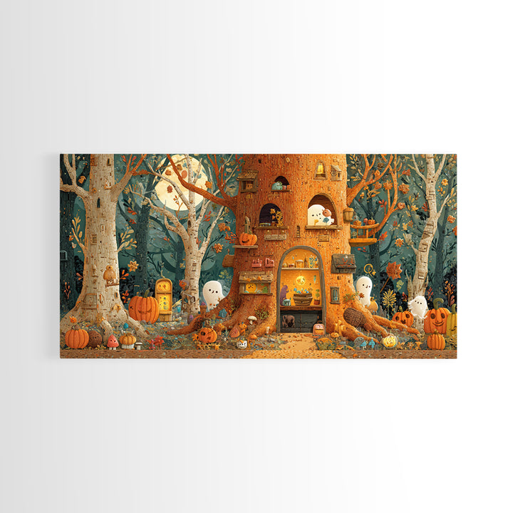 The Cozy Hollow Tree, Paper Collage Halloween, Wide Panoramic Art, Framed Canvas Print, Cute Halloween Wall Art
