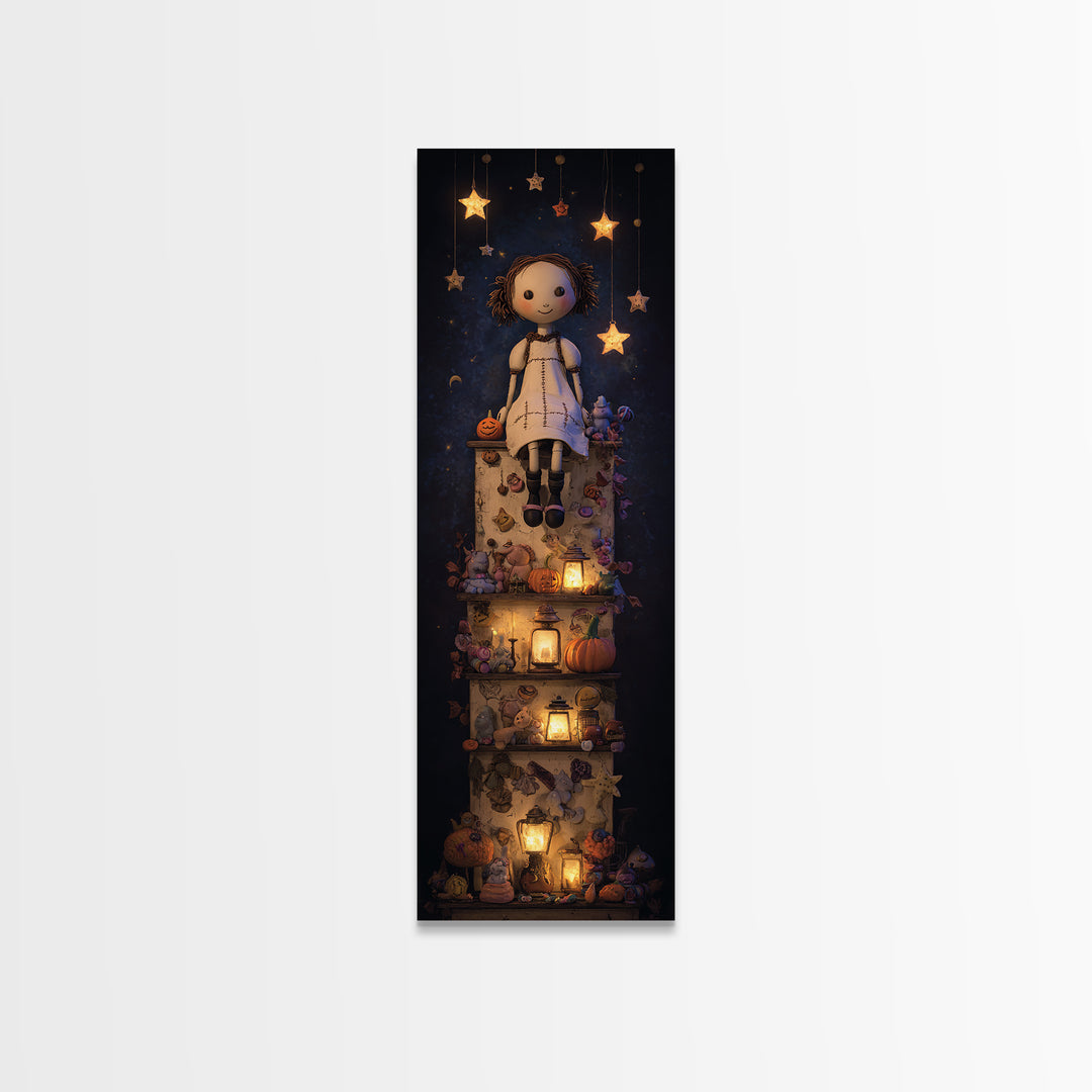 The Doll From Beyond The Void, Clay Halloween Art, Tall Narrow Wall Art, Framed Canvas Print, Cute Halloween Wall Art