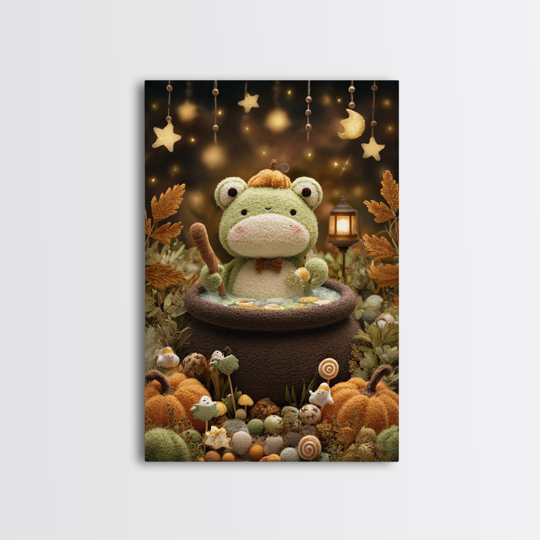 The Cauldron Frog, Plush Halloween Art, Vertical Wall Art, Canvas Print, Cute Halloween Wall Art, Whimsical Nursery Decor