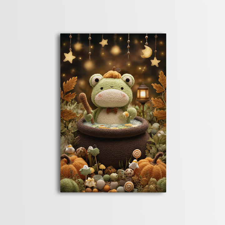 The Cauldron Frog, Plush Halloween Art, Vertical Wall Art, Canvas Print, Cute Halloween Wall Art, Whimsical Nursery Decor