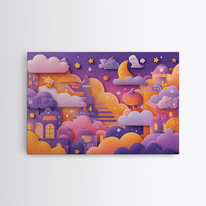 The Halloween Cloud Kingdom, Kawaii Halloween Art, Landscape Wall Art, Framed Canvas Print, Cute Halloween Wall Art