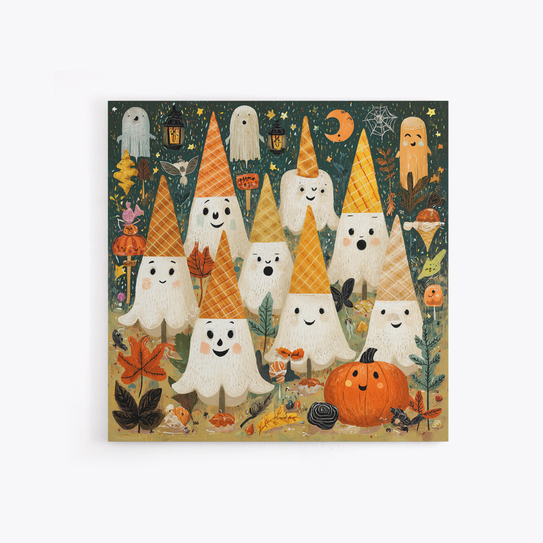 The Ice-Cream Ghost Parade, Retro Halloween Art, Square Wall Art, Canvas Print, Cute Halloween Wall Art