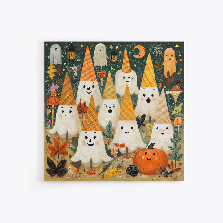 The Ice-Cream Ghost Parade, Retro Halloween Art, Square Wall Art, Canvas Print, Cute Halloween Wall Art