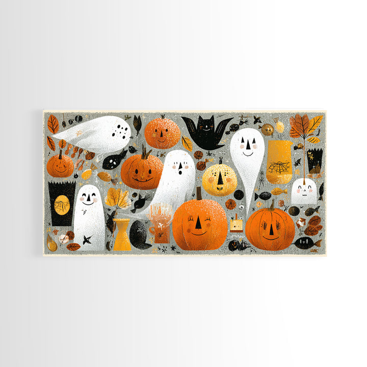 The Halloween Craft Table, Screenprint Halloween Art, Wide Panoramic Art, Framed Canvas Print, Cute Halloween Wall Art